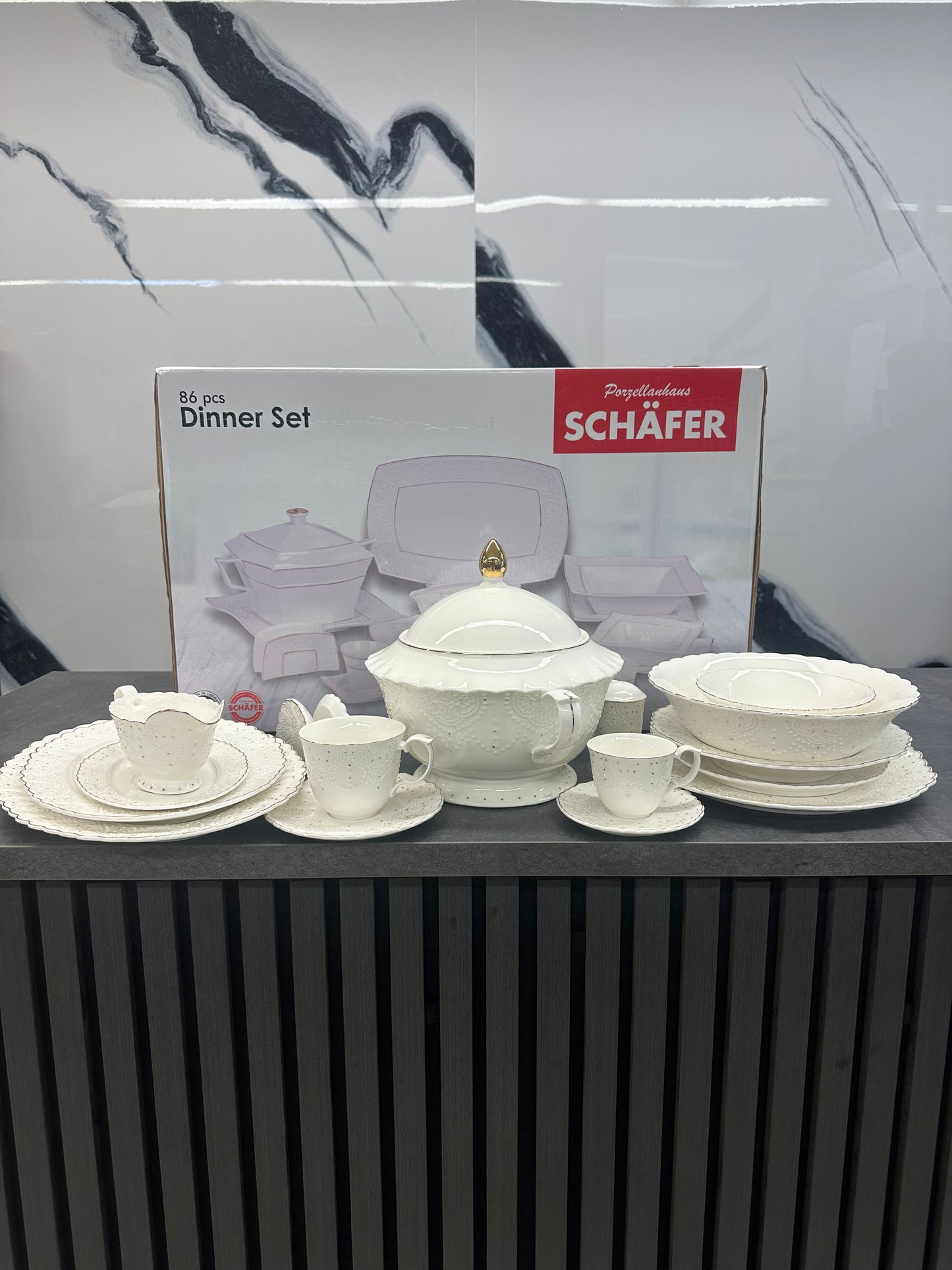 Kombi Service Dinner Set 86 teilig Schäfer Porzellan - Premium Porzellan-Service mit Tee- und Kaffee-Set