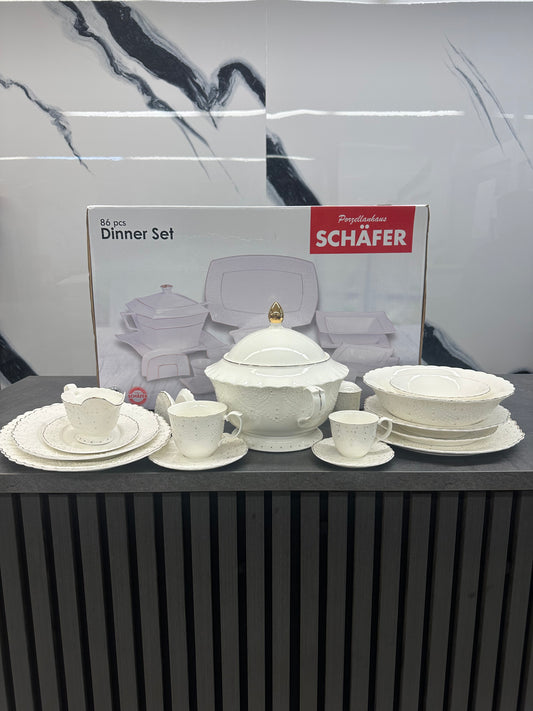 Kombi Service Dinner Set 86 teilig Schäfer Porzellan - Premium Porzellan-Service mit Tee- und Kaffee-Set