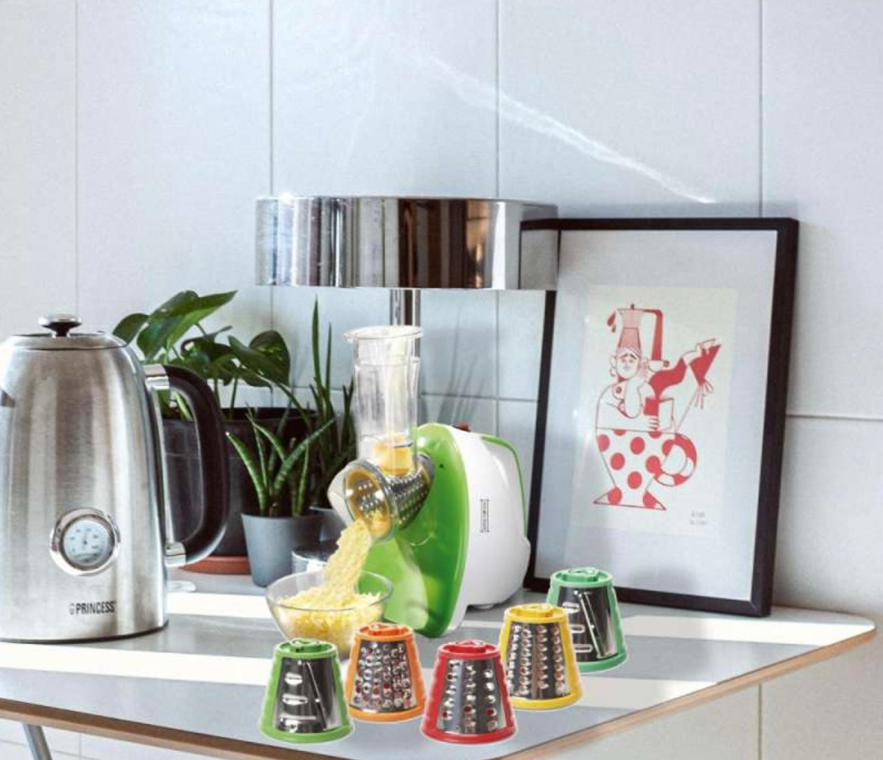 Royalty Line Gemüseschneider 150W - Elektrischer Multizerkleinerer mit 5 Kegeln