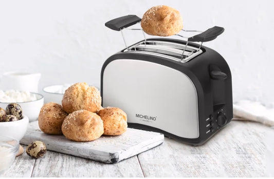 Edelstahl Toaster 2 Scheiben mit Brötchenaufsatz Michelino - 6 Bräunungsstufen mit High-Lift Funktion