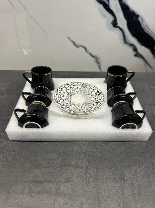 Mokka Set 12-teilig Porzellan Schwarz-Gold Muster - Elegantes Espresso Set von Schäfer