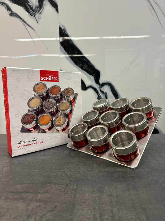 Gewürzdosen Set 10 teilig Metallic Red Schäfer - Magnetisches Gewürzdosen-Set mit Halteboard
